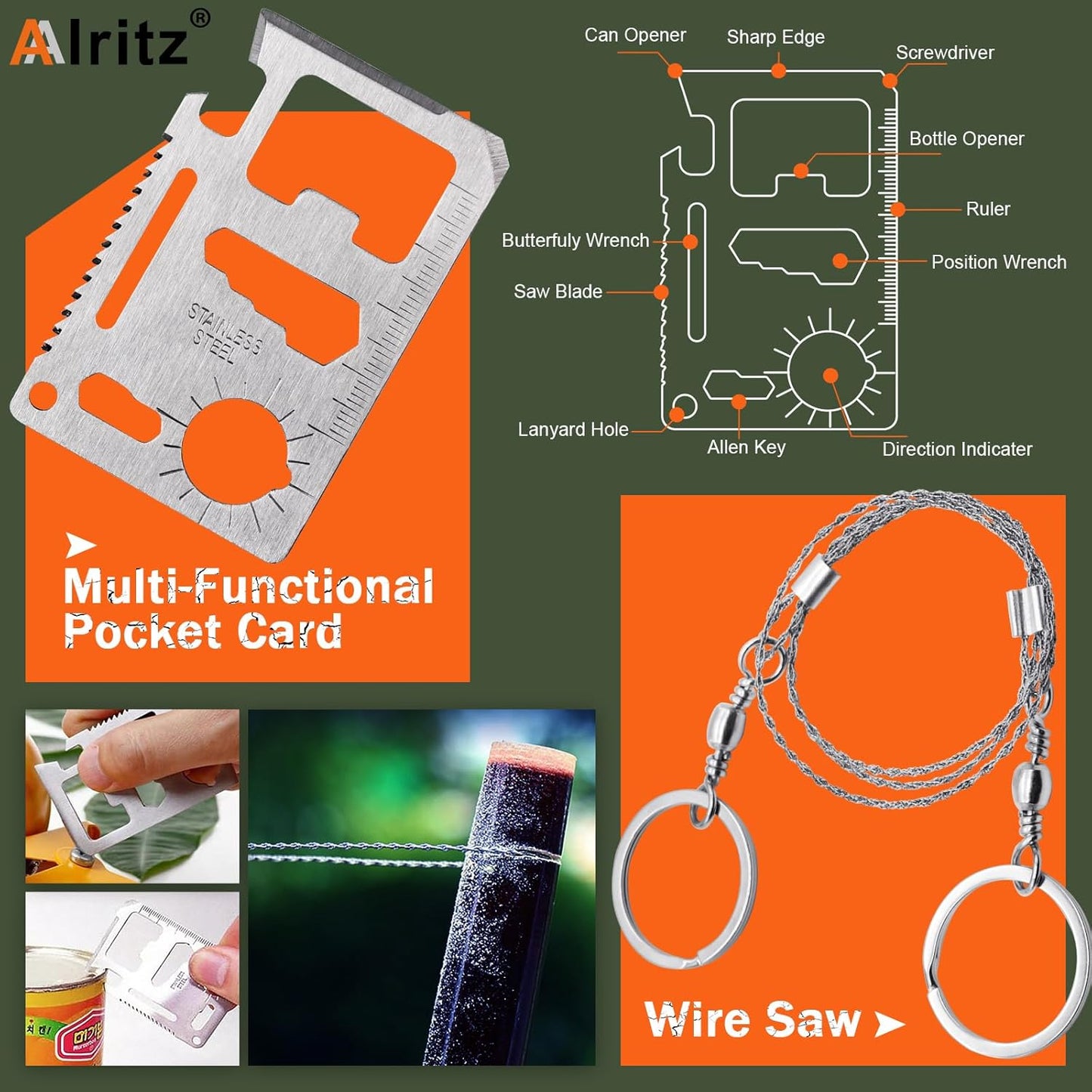Alritz Emergency Survival Kit, for Men 12 in-1 Outdoor Survival Gear Lifesaving Tools Contains Compass, Fire Starter,for Camping Hiking Wilderness Adventures Disaster Preparedness