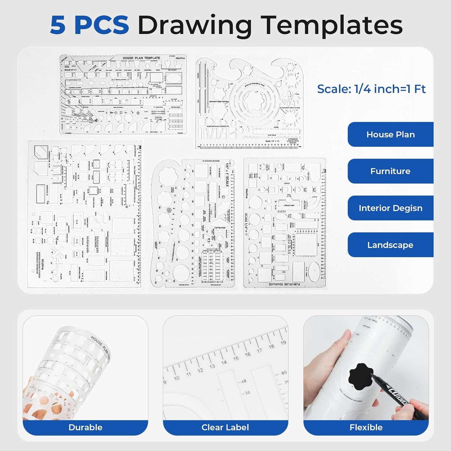 Nicpro 30PCS Professional Drafting Tools & Geometry Set with Case, Architect Protractor Set, Metal Mechanical Pencils, Pen, Scale Ruler Metal Ruler, 5 Drawing Templates for Interior Design House Plan