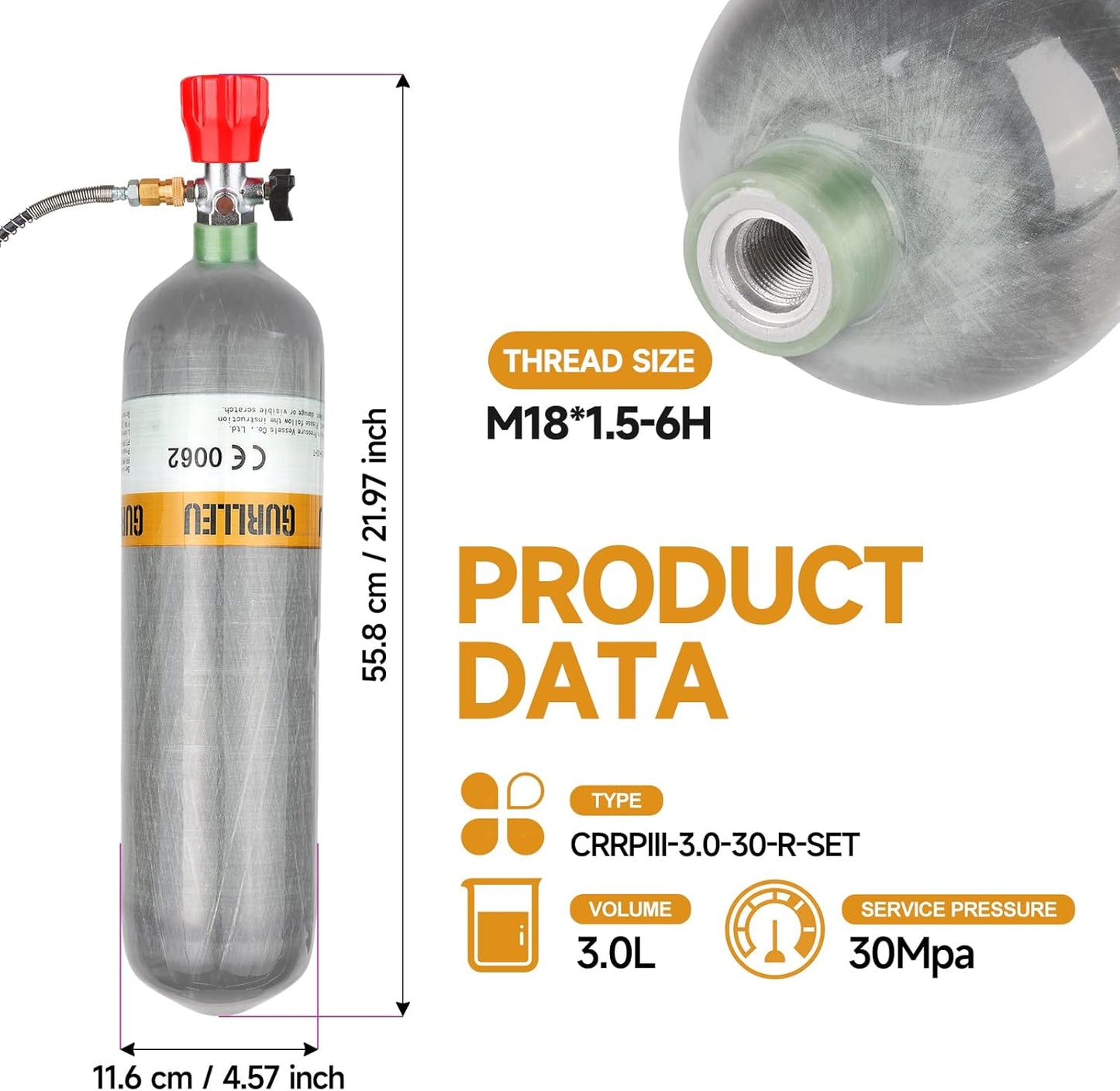 3L 4500psi Carbon Fiber Air Tank & Fill Station for PCP Paintball Scuba SCBA（Empty Bottle） (Red Gauge Tank Kits)