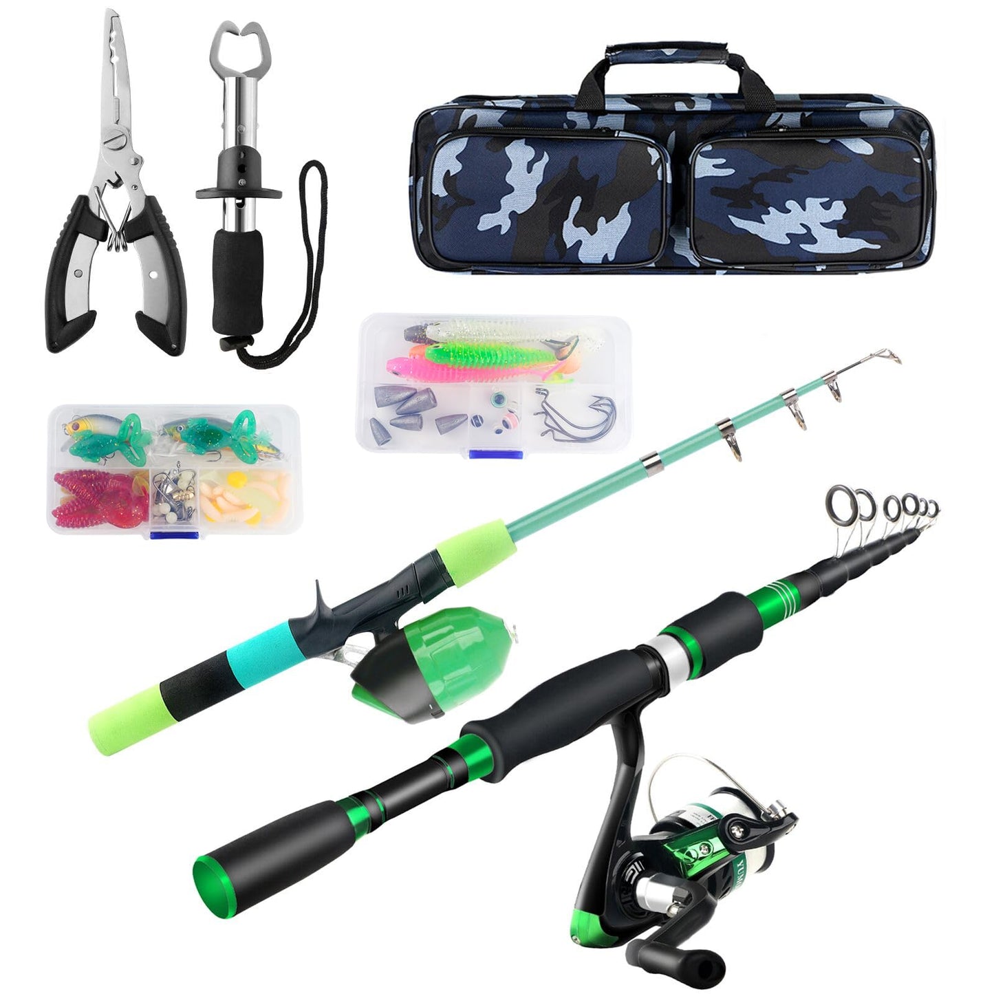 Family Fishing Pole Combo, 2PCS Portable Parent-Child Travel Fishing Kit, 6.89FT 4.92FT Telescopic Fishing Rod Spinning Reel Spincast Reel Baits Pliers Fish Lip Gripper Gift for Adults Kids Youth