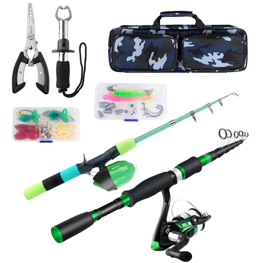Family Fishing Pole Combo, 2PCS Portable Parent-Child Travel Fishing Kit, 6.89FT 4.92FT Telescopic Fishing Rod Spinning Reel Spincast Reel Baits Pliers Fish Lip Gripper Gift for Adults Kids Youth