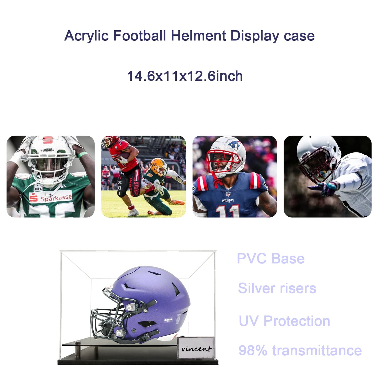 Acrylic Football Helmet Cases Features a PVC Base with Silver risers,Football Helmet Case Full Size Free Name Plate,Helmet case Display case Full Size UV Protection.（Need Assembly）