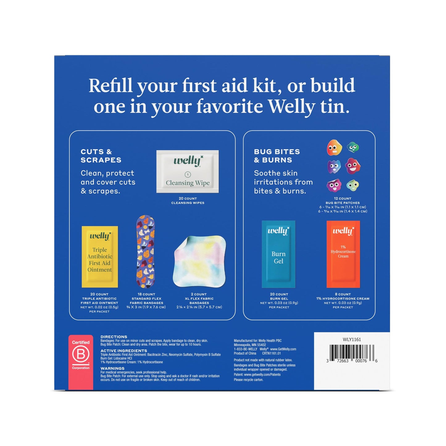 Welly First Aid Kit Refill Carton | Includes Individual Bandages, Cleansing Wipes, Antibiotic Packets, Burn Gel, Hydrocortisone Cream, and Bug Bite Relief Patches | 100 ct