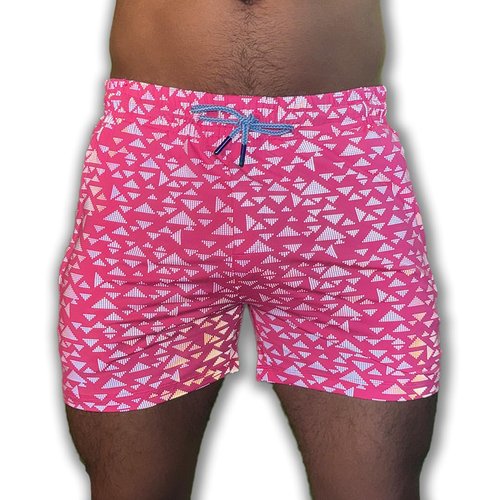 Mens Party Booty 4in Inseam Shorts, Zippered Pockets, Rave & Festival Shorts LGBTQ, Gay Weekender - UV Pink Neon Reflective Triangles, XL