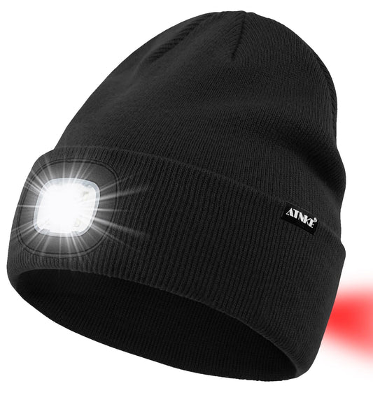 ATNKE LED Lighted Beanie Hat,USB Rechargeable 8 LED Red Glow Flashing Alarm Running Headlamp Cap Gifts for Men and Women/#Black