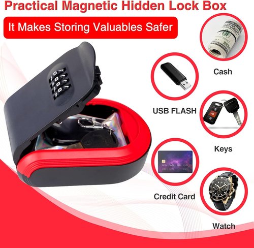 Magnetic Key Box for Under Car with 5 Strong Magnets, Hide a Key Outside with Resettable Combination Lock Box, Waterproof Magnetic Key Holder for Outdoor, Vehicle, Home, or Office Use (1, Black)