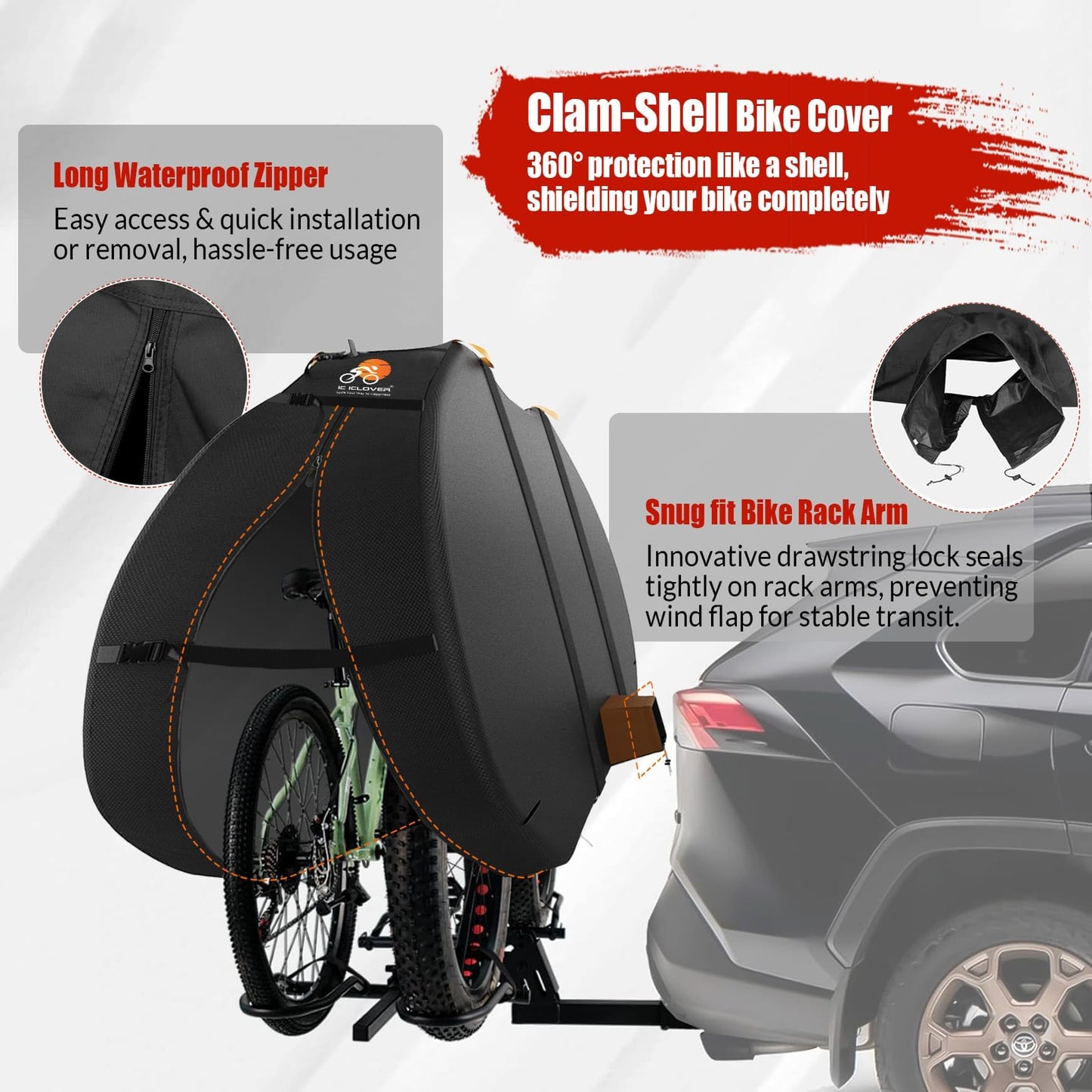 IC ICLOVER Bike Cover for Transport on Rack, Bicycle Covers for 2 Bikes on Rear Bike Rack, 600D Outdoor Storage Bike Travel Cover on Hitch, Waterproof Bike Rack Covers for 2 Bikes on Car Bike Rack