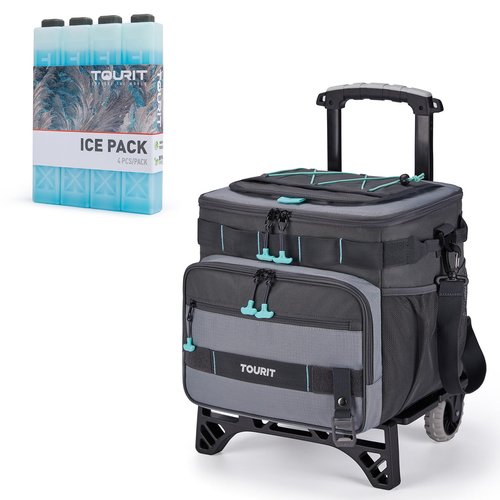 TOURIT 48-Can Insulated Rolling Cooler & 4 Set Reusable Ice Packs Bargain Perfect Combination