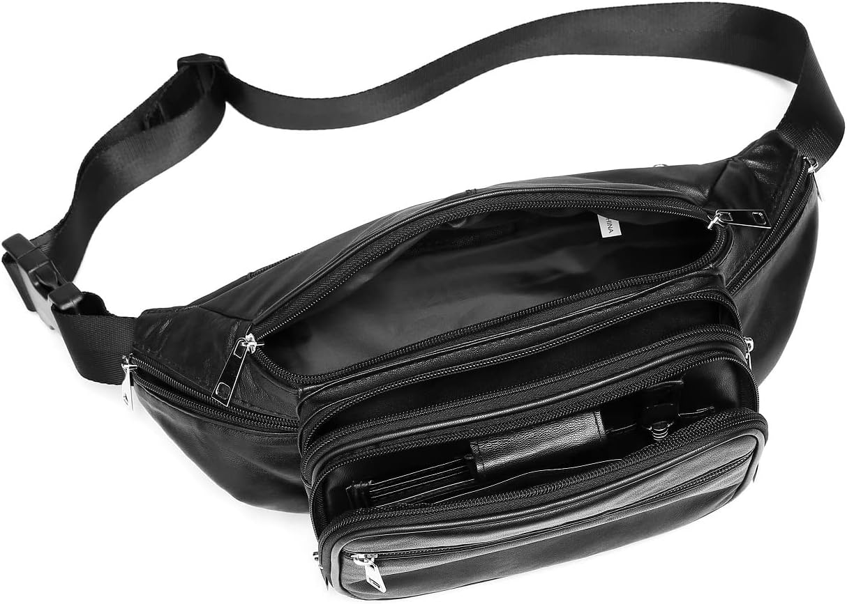 Genuine Leather Large 7 Pocket Waist Pack with Organizer, Card Slots (Black)