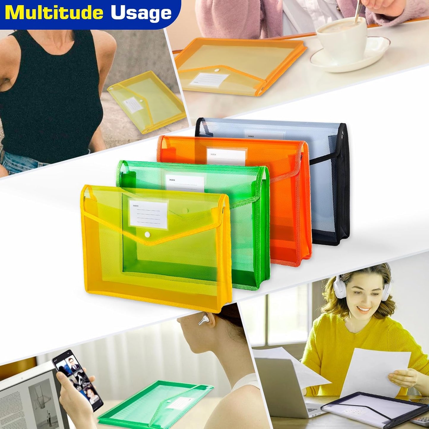 5 Pack Plastic Expanding File Folder, Waterproof Transparent File Folder, Poly Envelope with Snap Closure, Large Capacity, Fit Letter/A4 Size, Document Organizer for Office Home