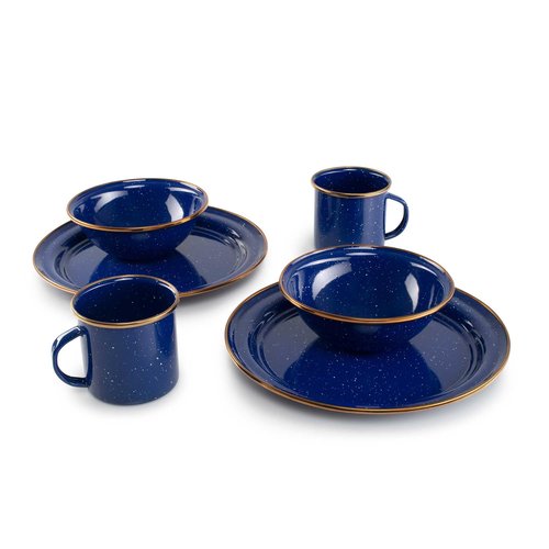 GSI Outdoors Mesa 2-Person Enamelware Dining Set 6-Pieces – Lapis with Bronze-Finished Stainless Steel Rim, Dishwasher Safe, Lapis