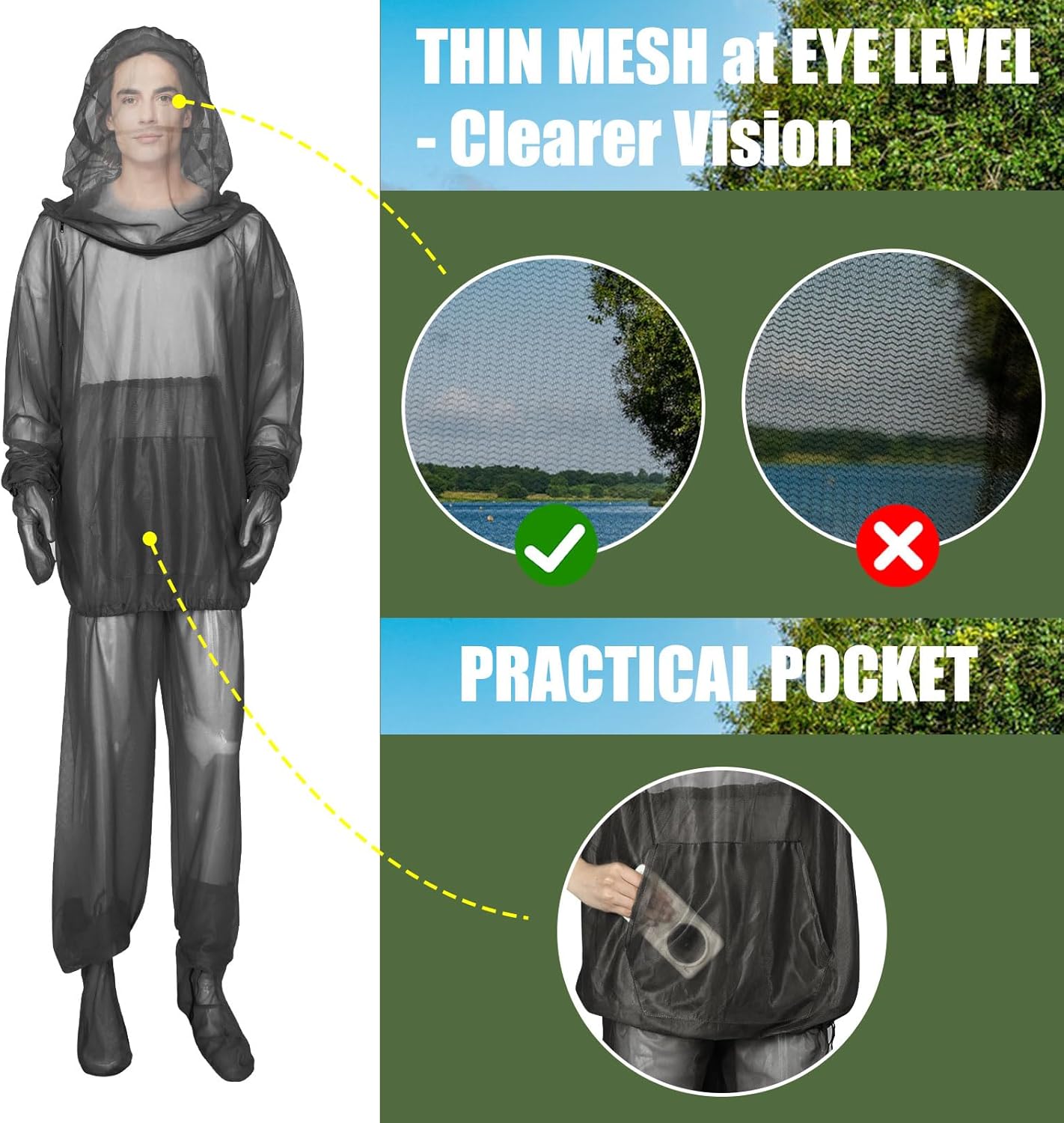 HOMEYA Bug Jacket L/XL, Anti Mosquito Netting Suit with Zipper on Hood Ultra-fine Mesh Pants Mitt Socks with Free Carry Pouch for Protecting Hunting Fishing Men Women