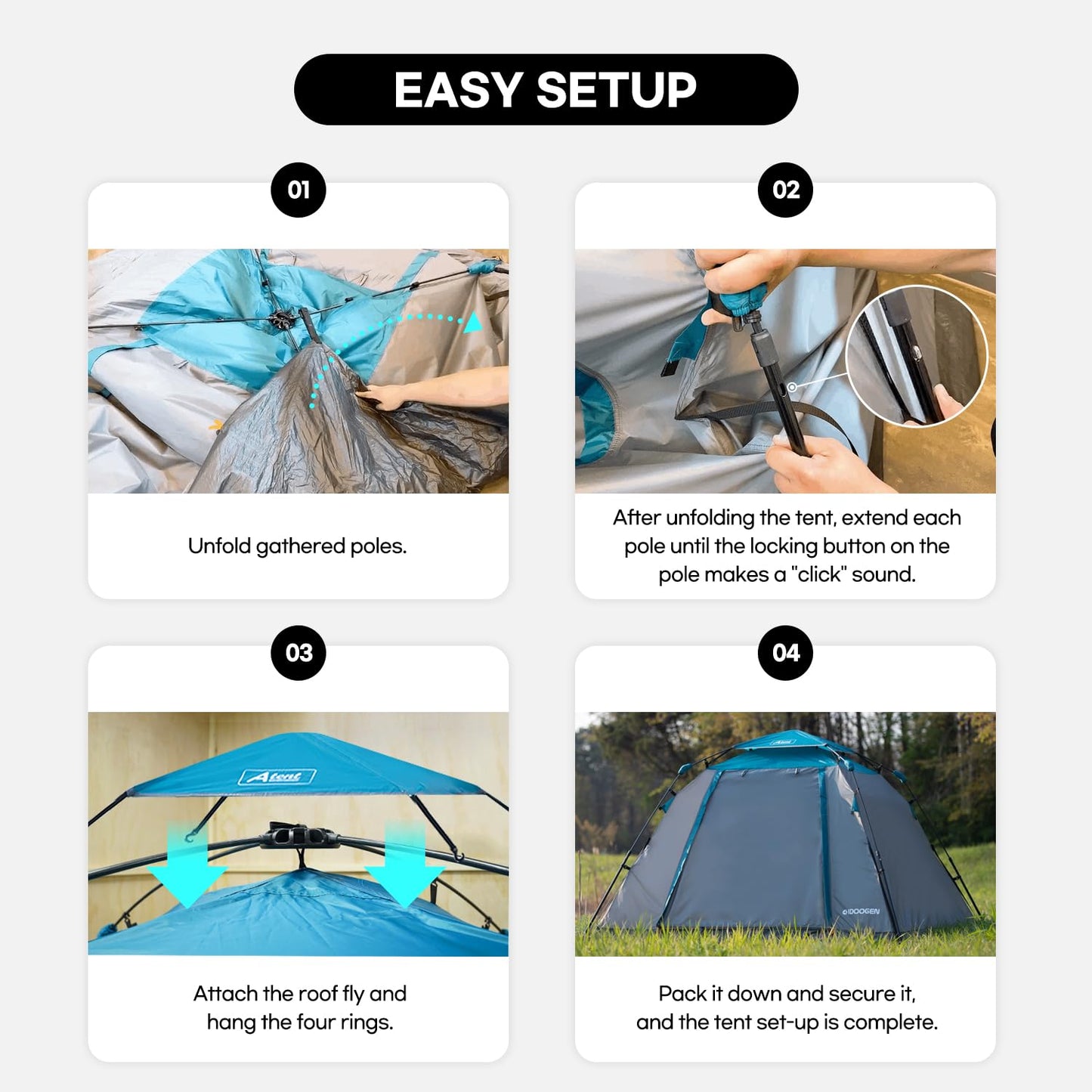IDOOGEN Instant Tents for Camping, 2-3 Person Pop Up Camping Tent, 60s Easy Setup Waterproof Dome Tent for Camping Beach Outdoor Travel (Classic High-End Teal Blue)