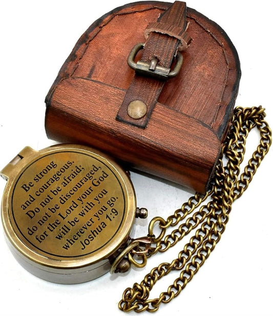 2" Be Strong and Courageous Brass Engraved Compass, Pocket Compass Joshua 1:9,Solid Brass Directional Brass Sundial Compass with Leather Case Baptism Gifts, Gifts for Men Compass,Graduation Day Gifts