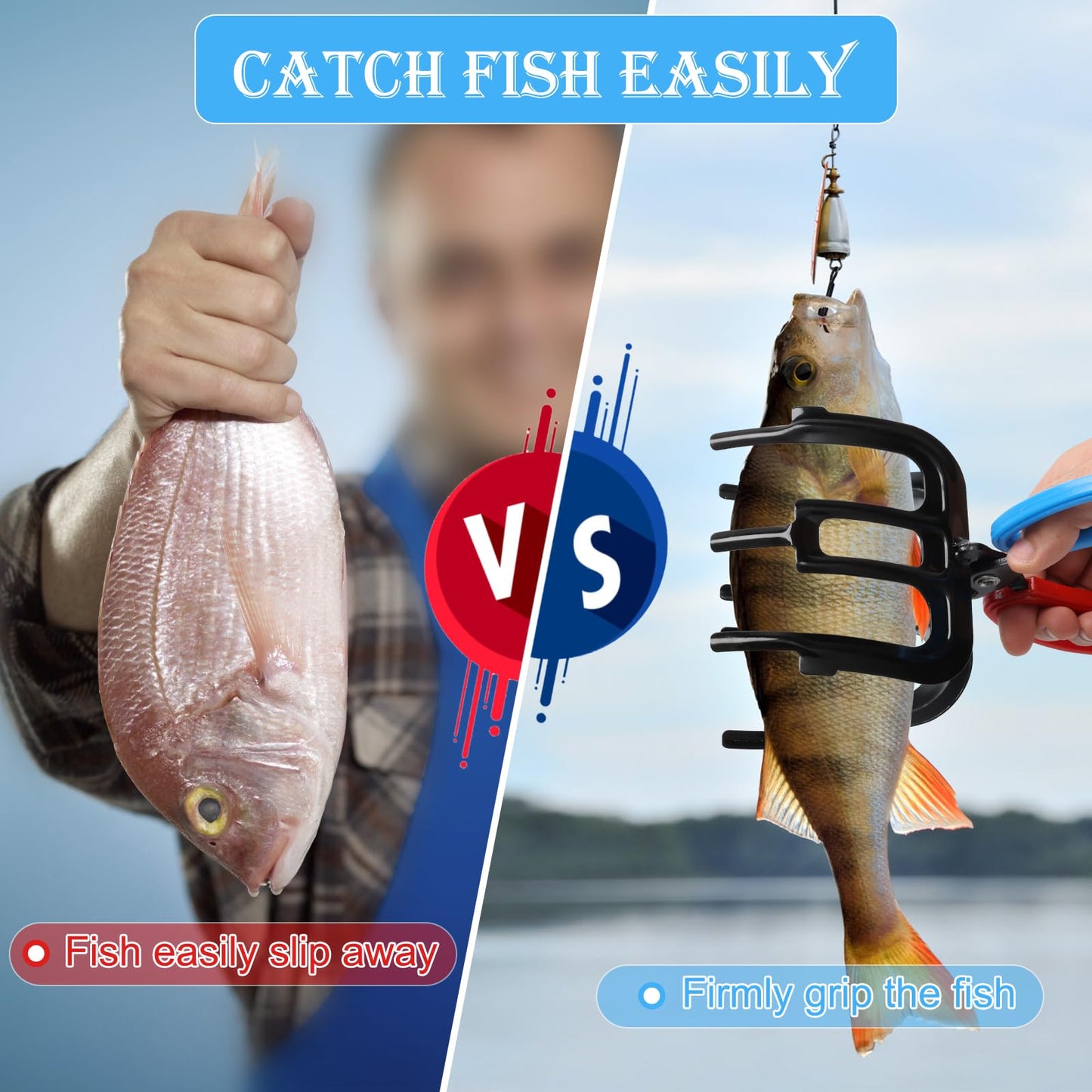 Anglekai 2 Pack Fish Gripper, Non-Slip 3 Claw Metal Fishing Pliers Gripper for Fish Control Clamp, Colorful Fishing Claw Grabber Holder