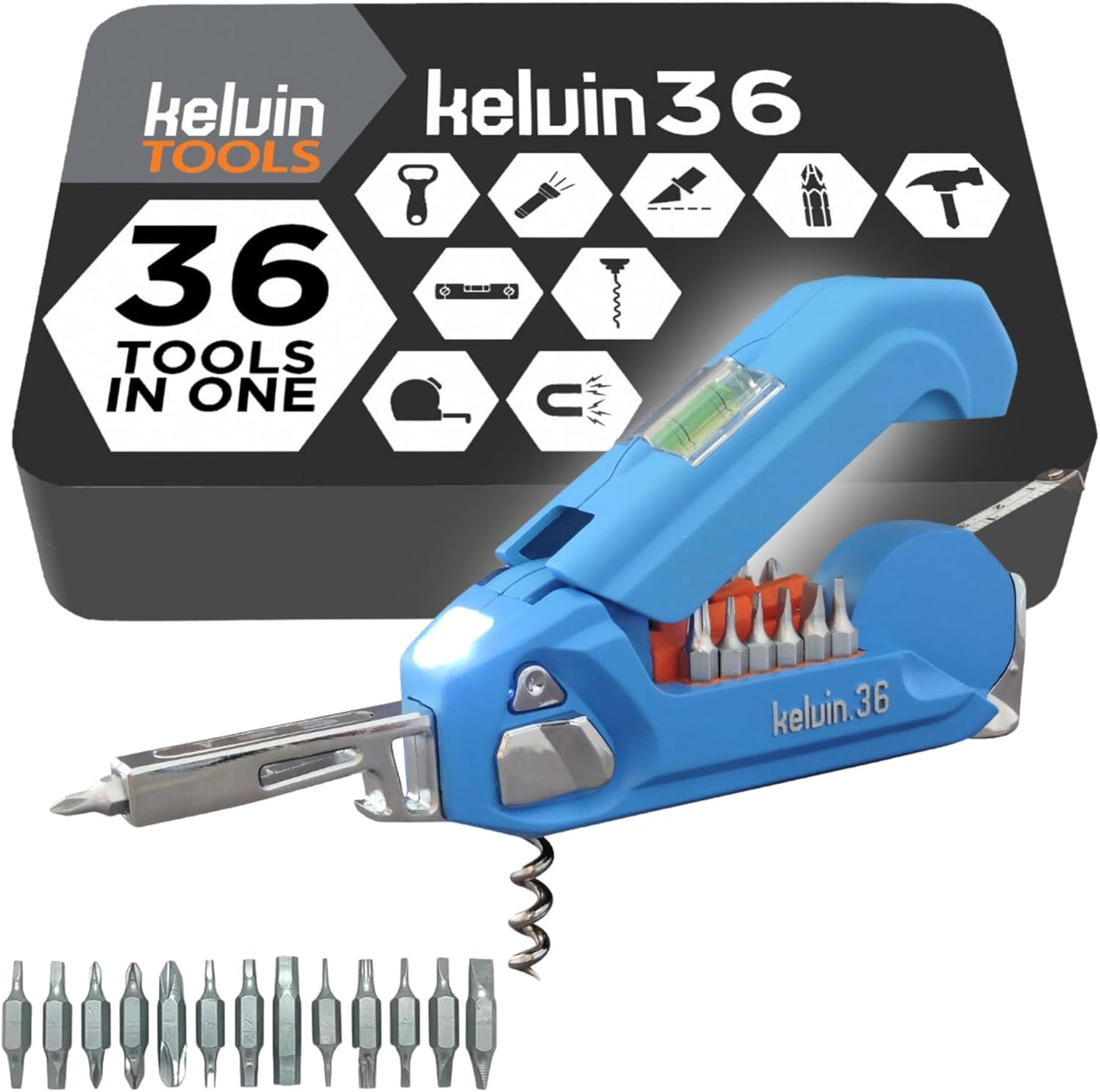 Kelvin Tools K-36 Multi-Tool Set, 36 Integrated Tools, 26 Bit Screwdriver Set, Tape Measure, Corkscrew (Black)