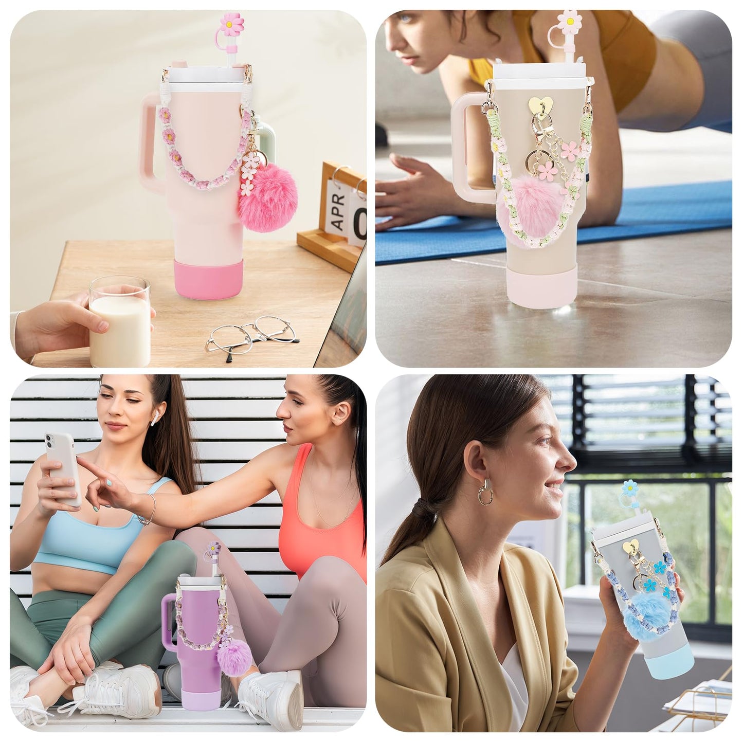 7Pcs Accessories Set for Stanley Cup 40 oz 30 oz, Water Bottle Handle Strap, Siliocne Cup Boot, Flower Straw Cover, Charms for Stanley - Purple