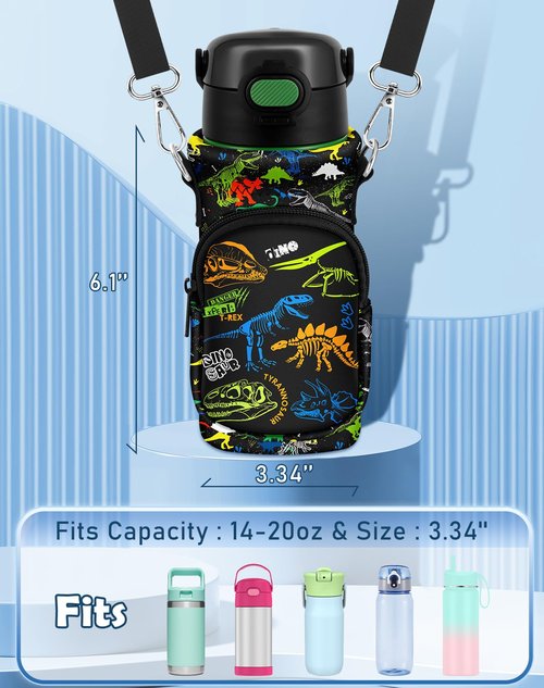 Miss Adola Water Bottle Carrier with Strap - Cute Cartoon Insulated Water Bottle Carrier Bag with Pocket Neoprene Bottle Holder Bag for 14/16/18/20 oz Stainless Glass Bottles Sleeve, Dinosaur Bone