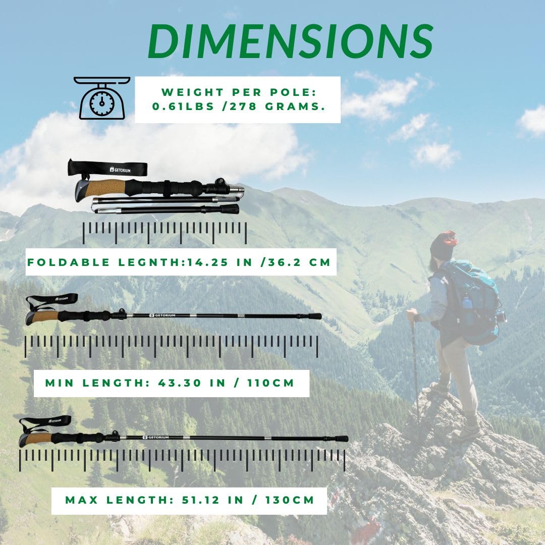 GETORIUM Trekking Poles - Lightweight, Folding Hiking Poles for Backpacking Gear, Nordic Ultralight Walking Sticks, 2 Poles, Aluminum 7075, 110-130cm, Cork Grip