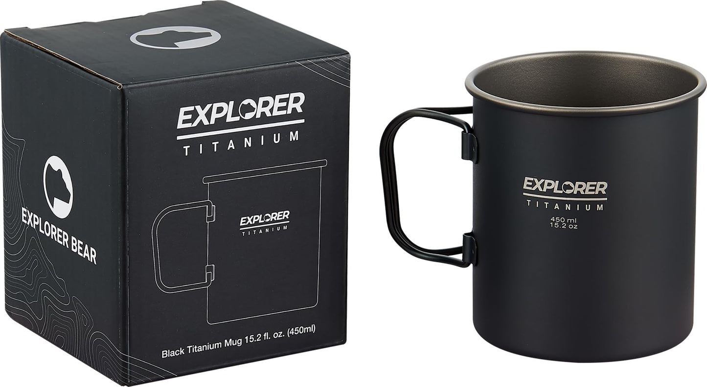 Explorer Bear Black Titanium Foldable Handle Camping Cup, 15.2 oz, 450 ml