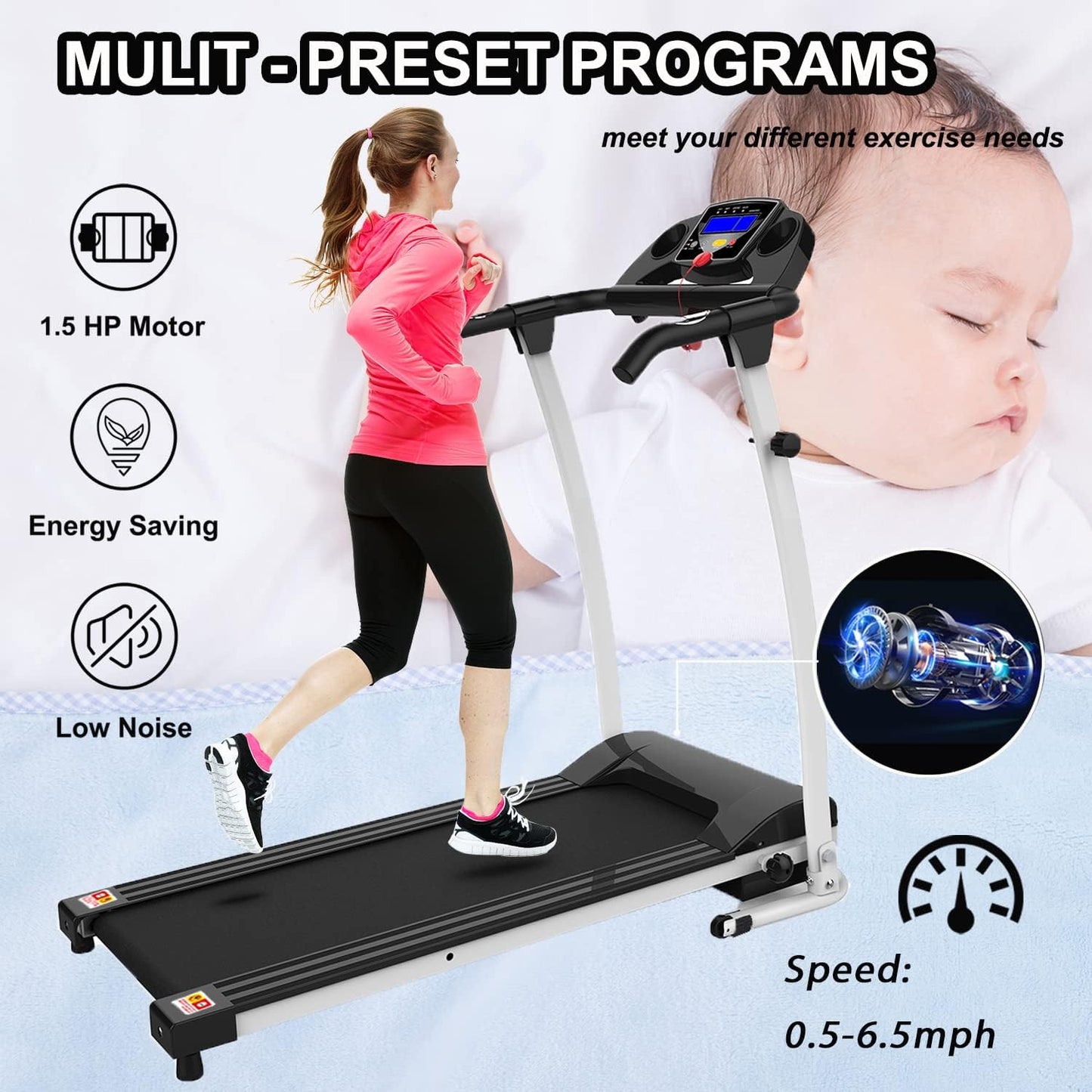 Foldable Treadmill for Home, Portable Electric Treadmill Running Machine with LCD Display and Wheels, Lightweight Compact Treadmill for Home Office Running Jogging Walking Exercise, White