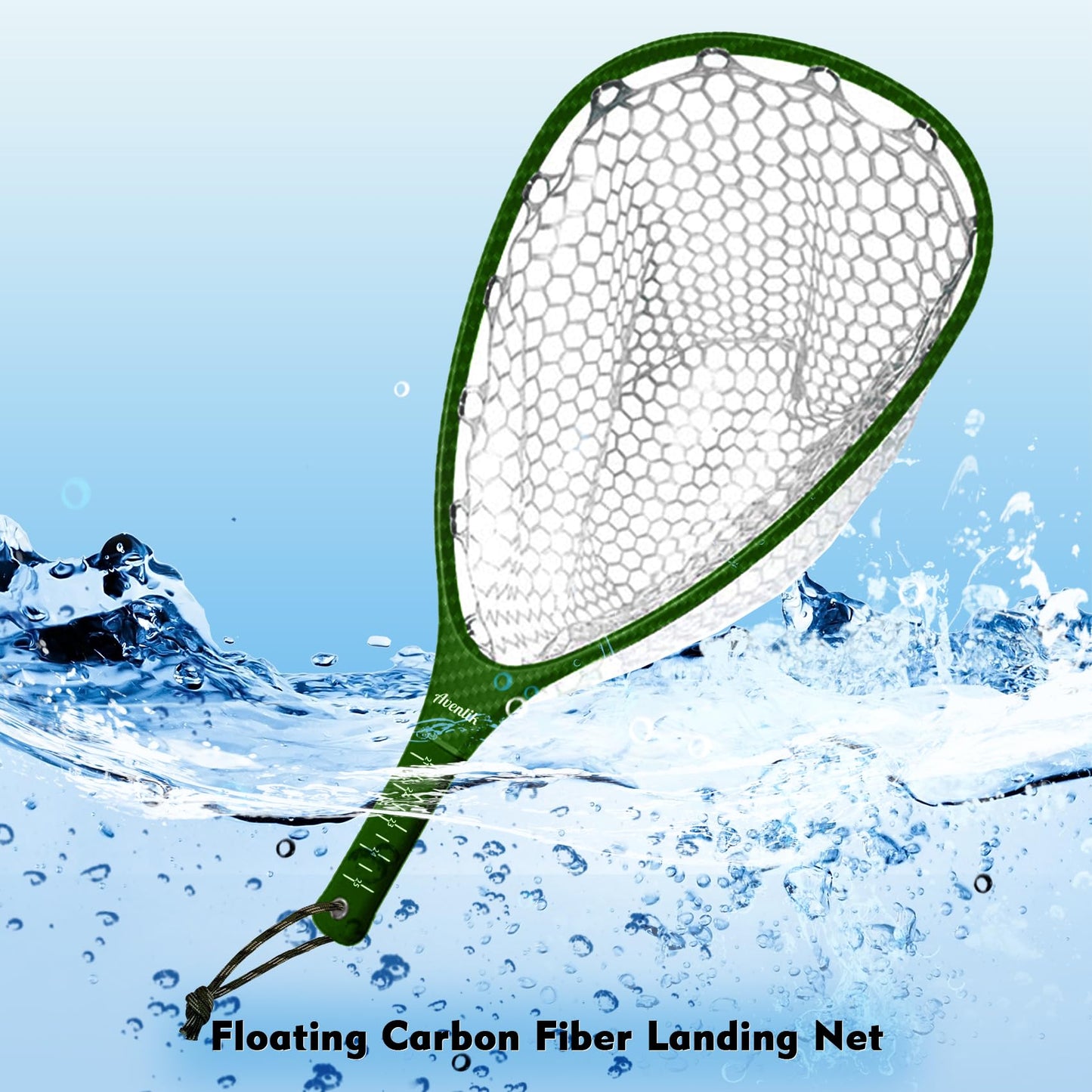 Riverruns Carbon Fiber Landing Net - Fly Floating Fishing Net with Soft Rubber Trout Net and Measuring Lines on The Handle - Lightweight and Durable（Regular Handle/Green/3K）