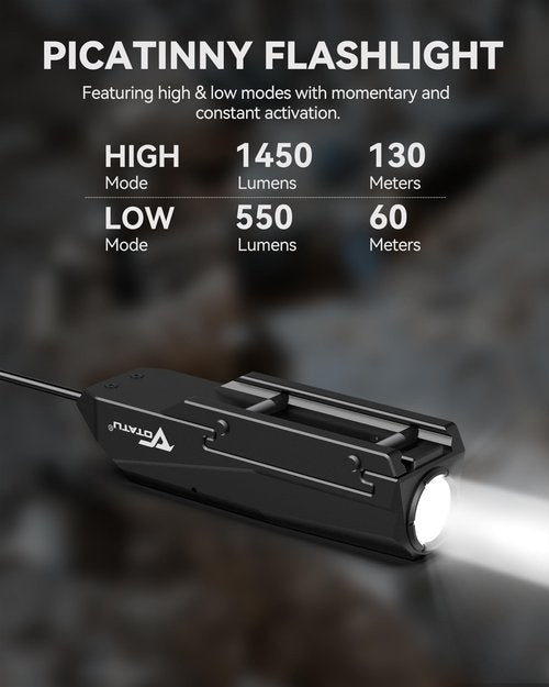 VOTATU PL50S 1450 Lumens Weapon Light with Pressure Switch, Rechargeable Picatinny Flashlight for Rifle, Magnetic USB Rechargeable, Tactical High/Low Modes