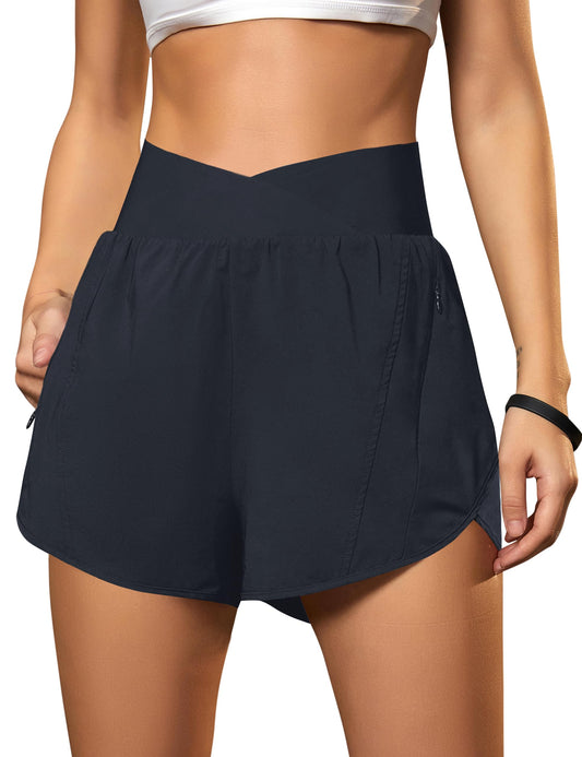 Blooming Jelly Women's Workout Shorts Athletic Running Crossover High Waisted Gym Sport Yoga Shorts with Zipper Pockets (Dark Blue,Small)