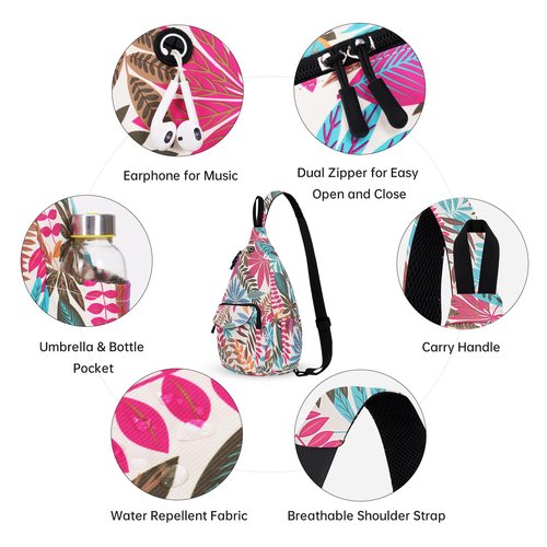 HAWEE Convertible Sling Bag for Women with Front Pocket One Shoulder Chest Bag Anti-water Cross Body Backpack, Maple Magenta