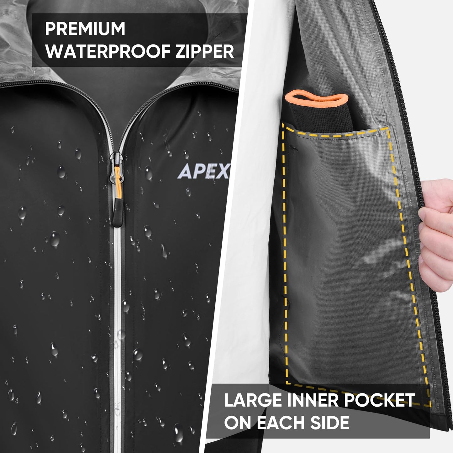 APEXUP Packable Rain Jacket Men with Reflective Zipper, Lightweight Waterproof Jacket Windbreaker Hooded Raincoat, Mens Rain Jackets for Outdoor, Running, Hiking, Travel, Cycling (Black, XL)