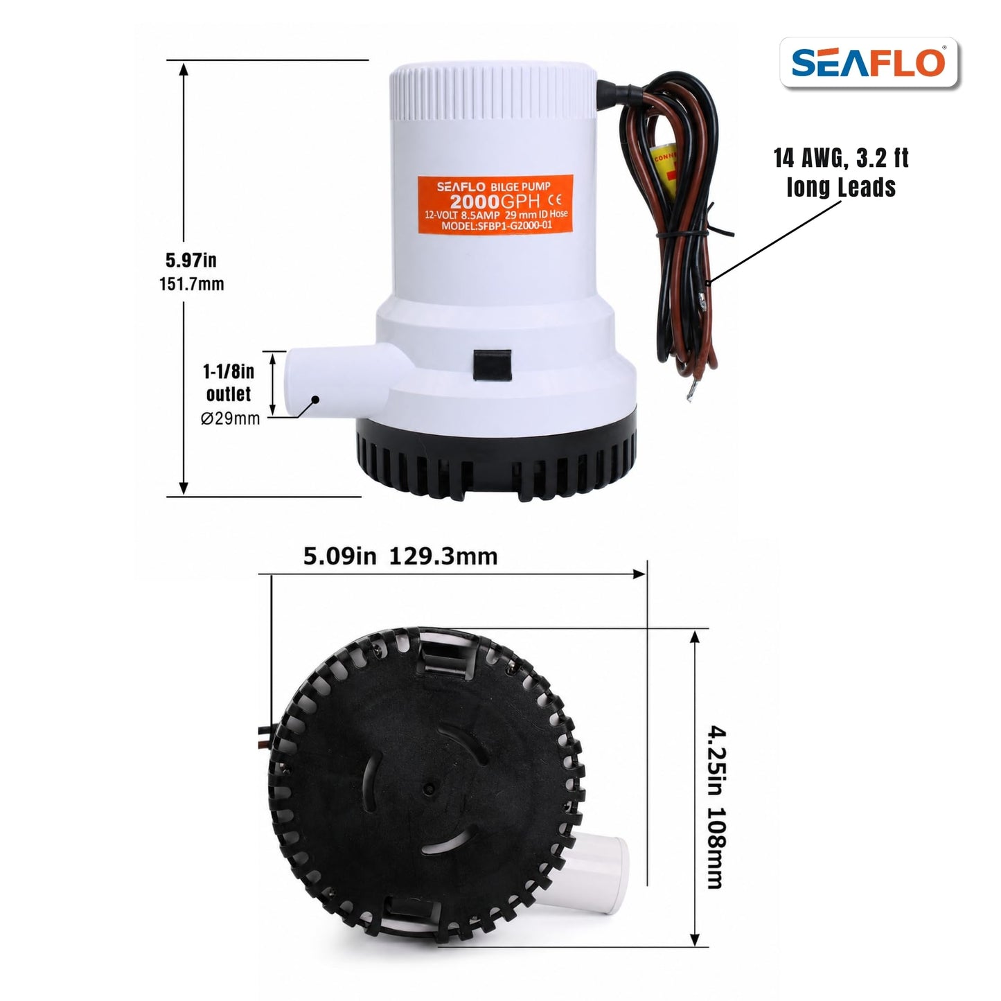 SEAFLO 01 Series 2000 GPH Bilge Pump – 12V, 1-1/8" Outlet, Marine Submersible Pump with Anti-Airlock Protection, CE & Rohs Certified, 4-Year Warranty | Reliable for Boats and Marine Applications