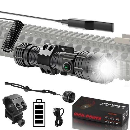 Tactical Flashlight with Picatinny Rail Mount, 3000 High Lumens Bright USB Rechargeable Flashlights with Tactical Pressure Switch, Adjustable Focus,3 Modes, Waterproof Hunting Light