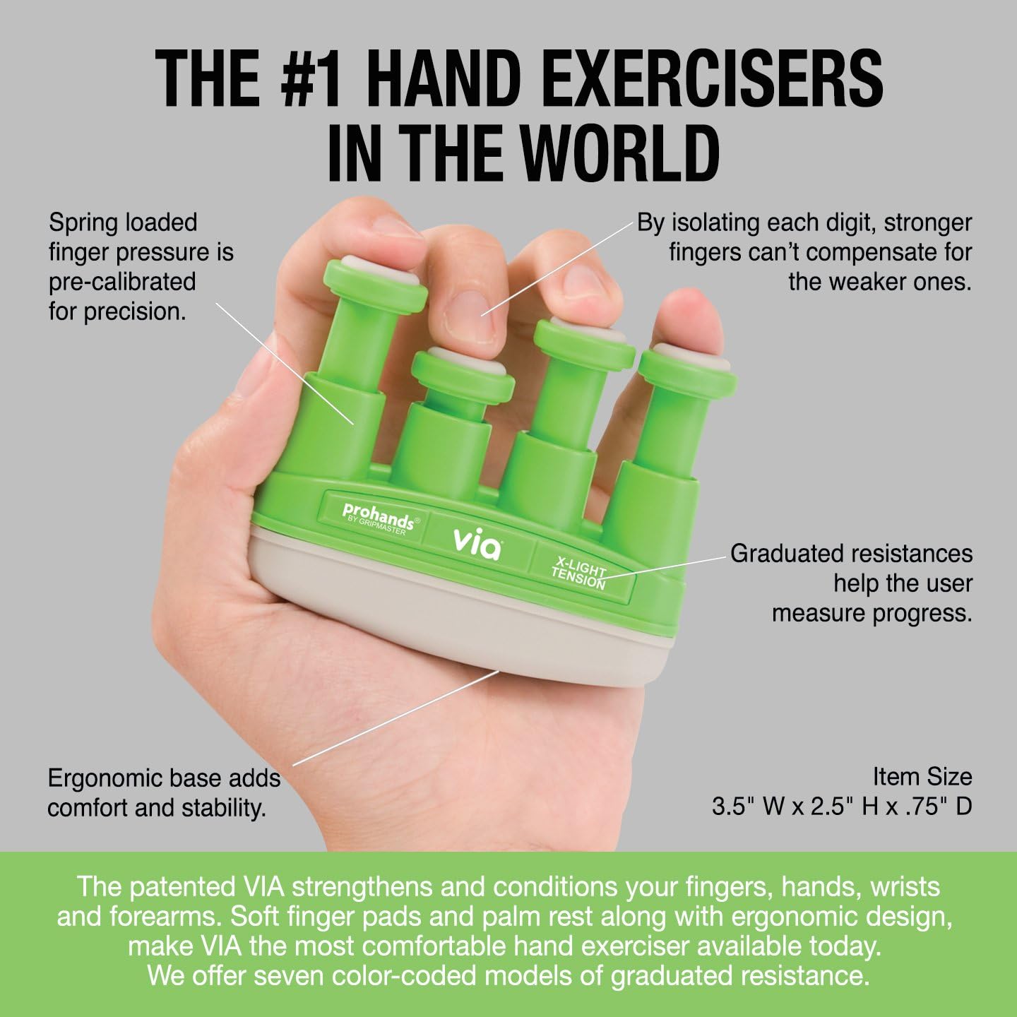 VIA Hand Exerciser, Finger Exerciser (Hand Grip Strengthener), Spring-Loaded, Finger-Piston System, Isolate and Exercise Each Finger