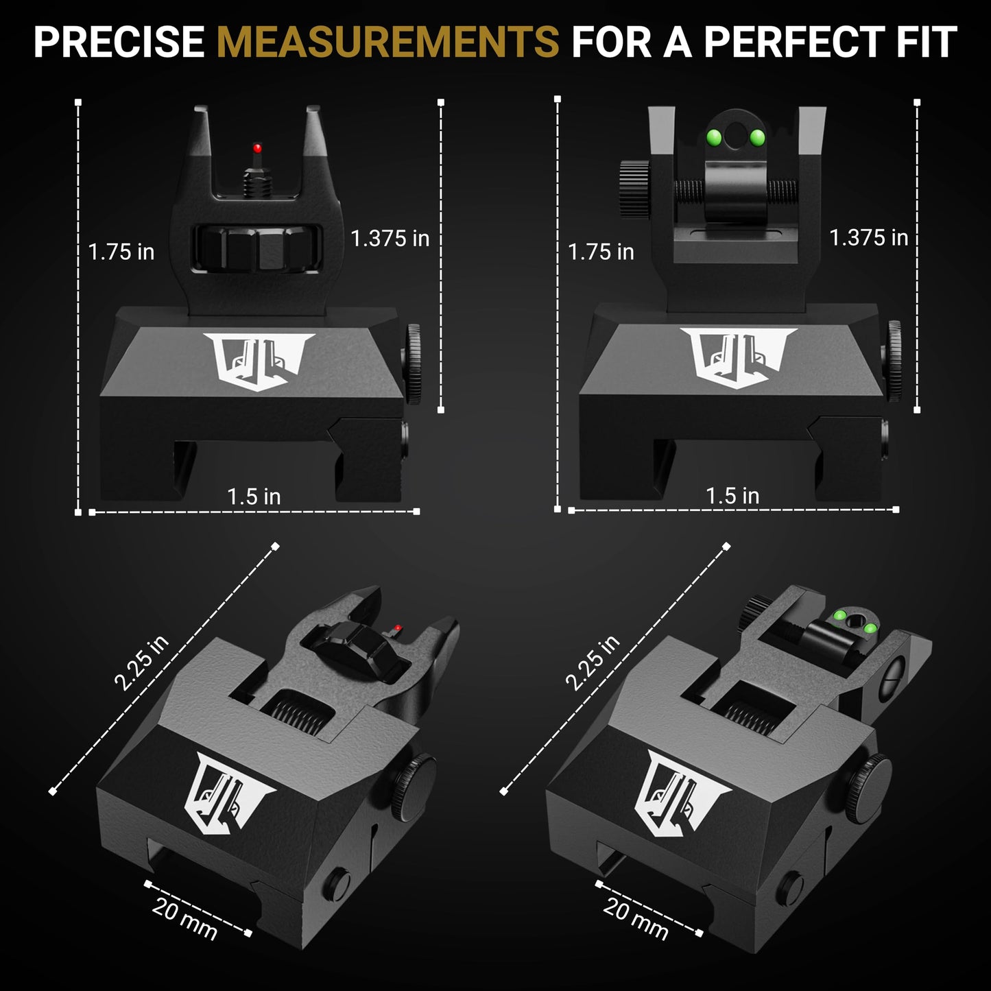 OZARK ARMAMENT Fiber Optic Flip Up Iron Sights - Flip Up Sights Rail Mounted Battle Sights - Front and Rear Sight Set