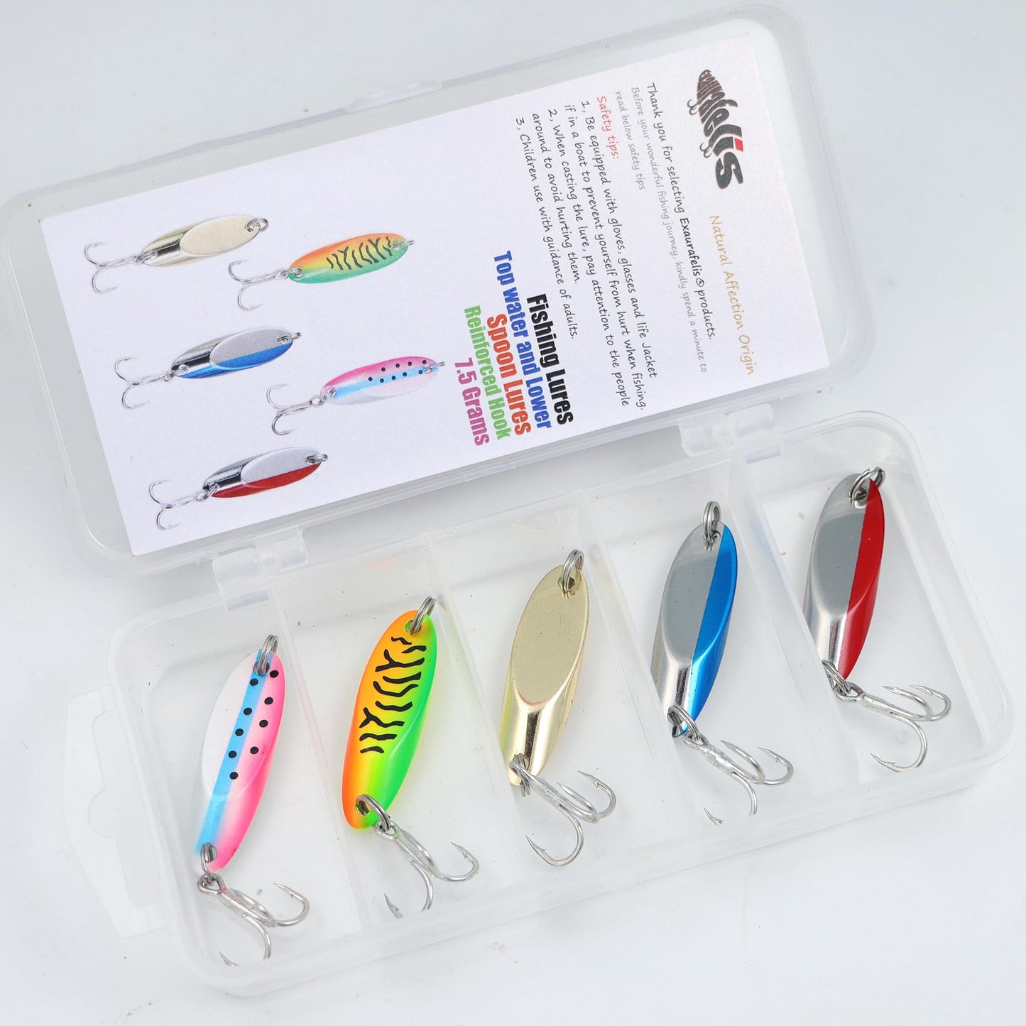EXAURAFELIS 5pcs Fishing Lures Casting Spoon Lure Fishing Spoons Lures Troutlure Bass Lure Crappielure Pikelure Walleyelure for Saltwater and Freshwater with Tackle Box 1/4oz