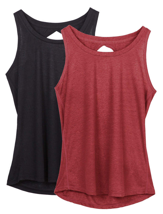 icyzone Yoga Tops Activewear Workout Clothes Open Back Fitness Racerback Tank Tops for Women(S,Black/Wine)