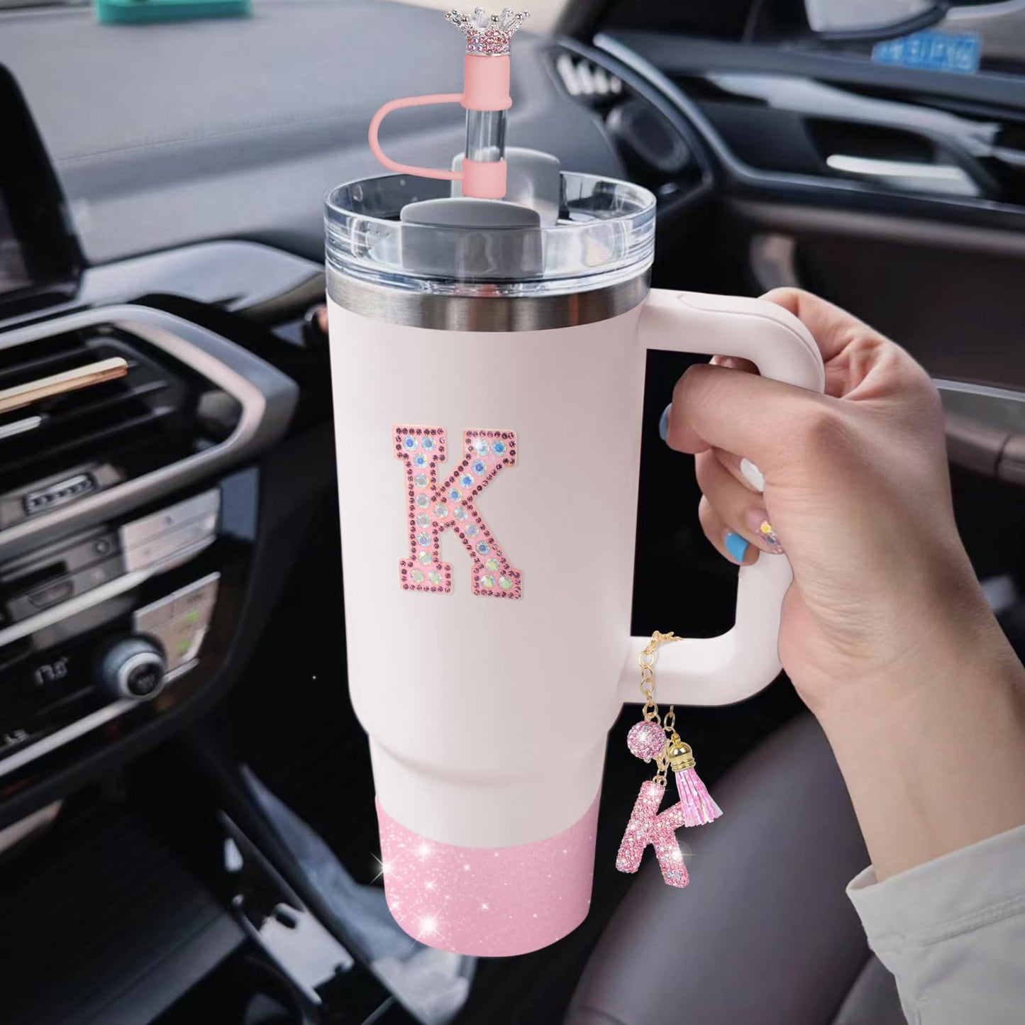JUNIQUTE Pink Diamond Letter Charms Accessories for Handle Set, Bottom Protector for 40oz 30oz Stanley Cup, Crown Straw Cover & Sticker (K)