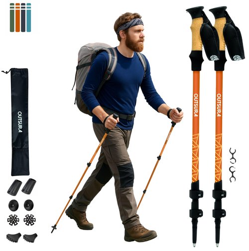 Outsura Aluminium Trekking Poles for Hiking w/Cork Grip & Quick Lock - Lightweight Collapsible Hiking Sticks for Backpacking - Folding Walking Sticks for Seniors Men & Women - One Pair (Orange)