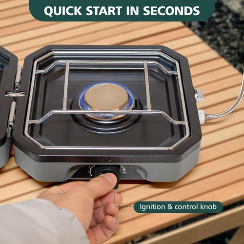 Hiteemer 2 Burner Portable Camping Stove with Griddle 17200 BTU Folding Camp Gas Stove Camping Adjustable Burners Piezo Ignition