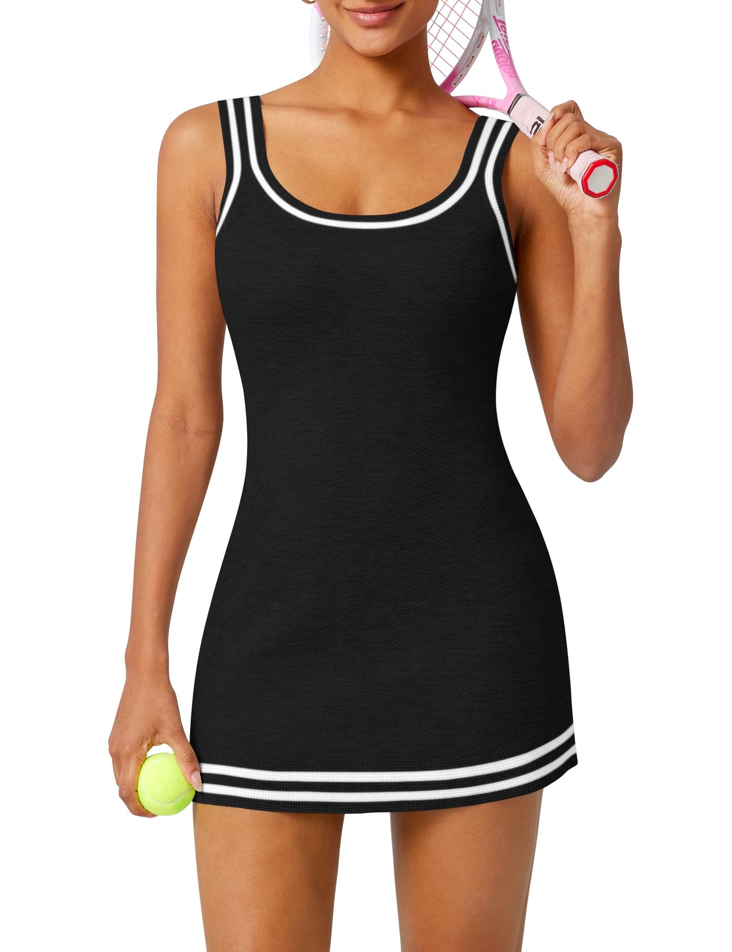 TQD Tennis Dress for Women Athletic Striped Knitted Sweater Tank Mini Active Casual Club Golf Dresses 2026 Trendy(Black,S)