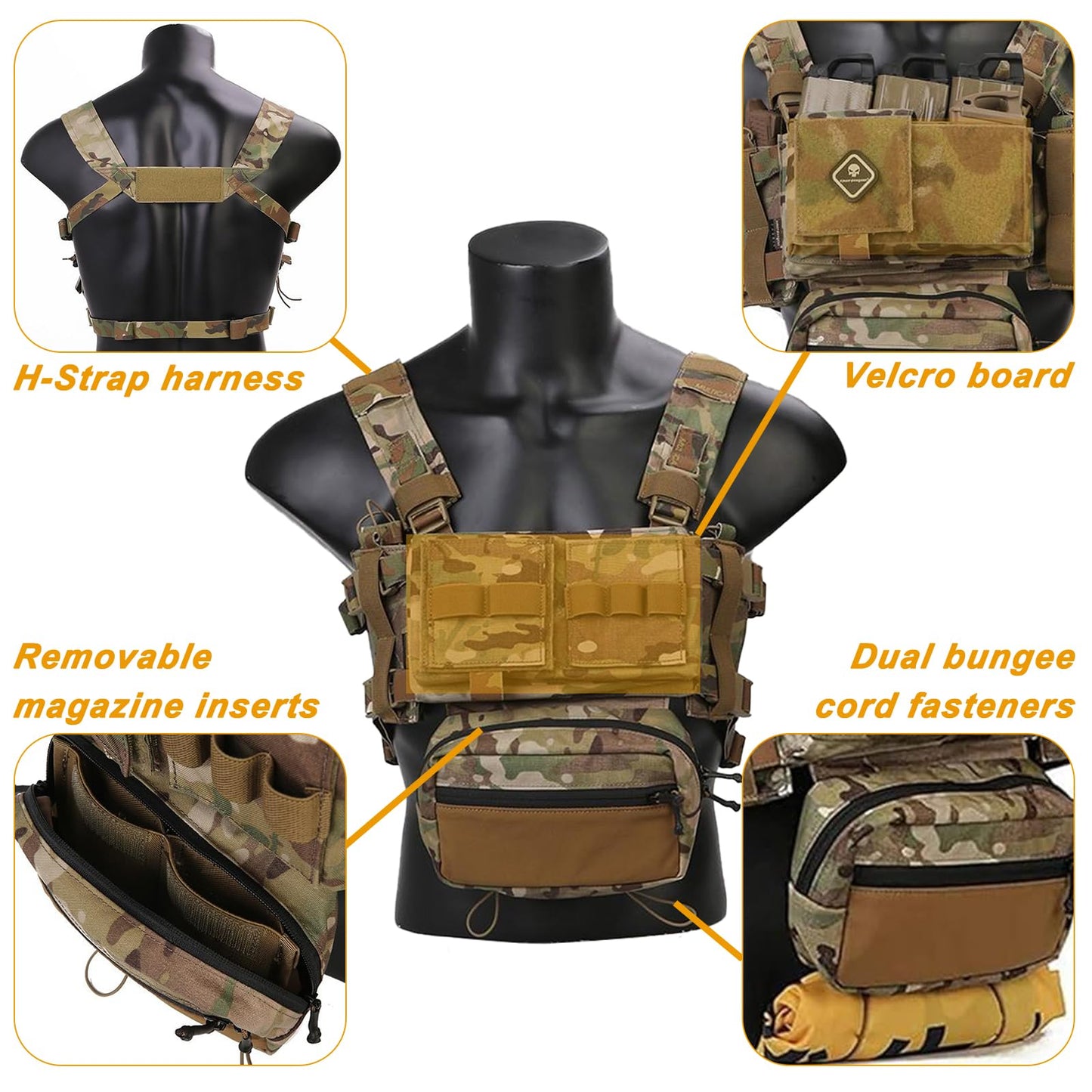 Airsoft Molle Chest Rig with YKK Zipper Mag Pouches Modular Micro Tactical 500D Nylon Vest for Hunting Training Cosplay Adventure Sports (Black)