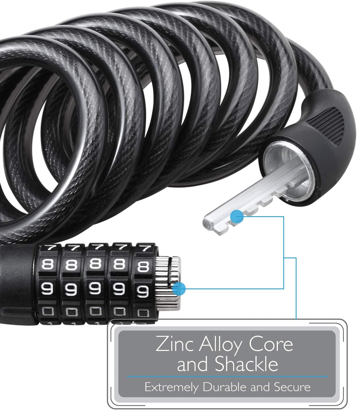 Fosmon Bike Lock Cable (6 Feet), Heavy Duty 5-Digit Self Coiling Resettable Combination Code, Bicycle Chain Flexible Steel Security Cable Lock with Bike Mount Holder - Black