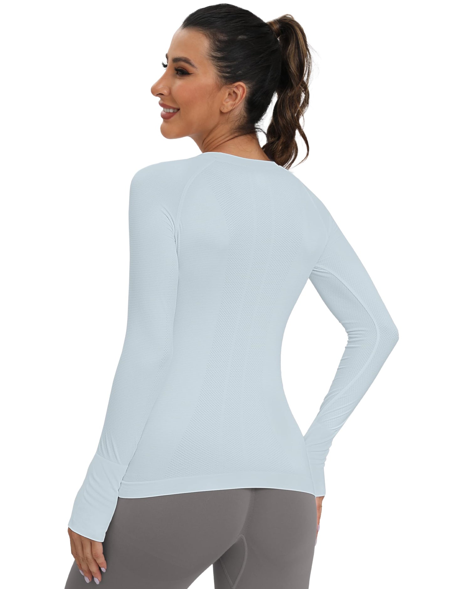 MathCat Workout Shirts for Women Long-Sleeved Athletic Shirt Running Breathable Seamless Yoga Tops Light Blue