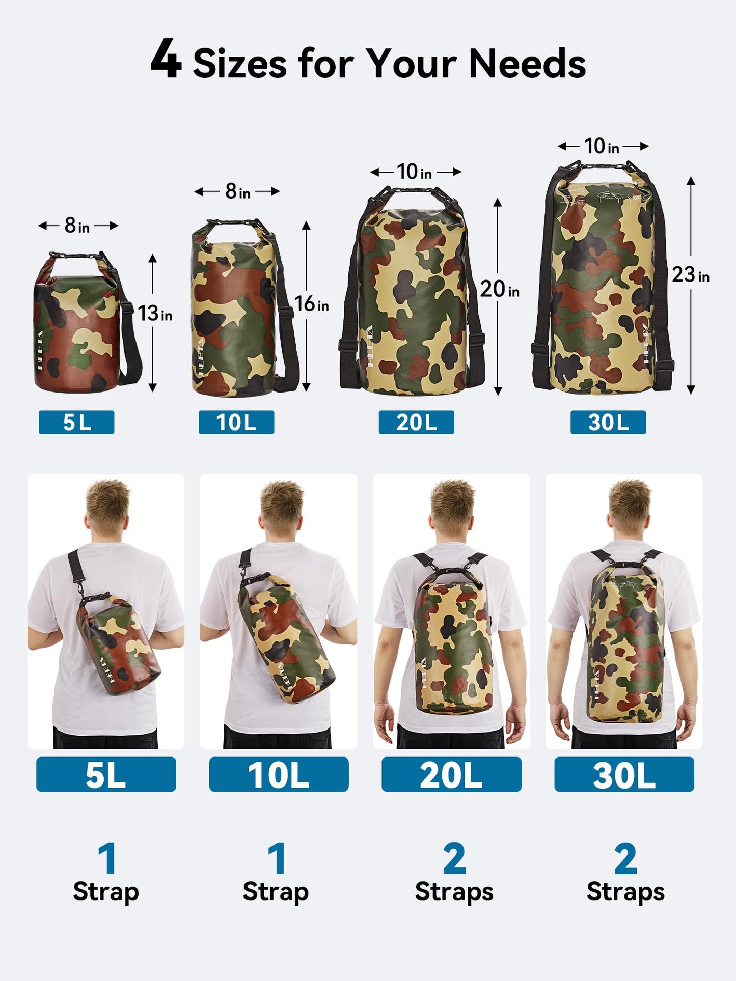 HEETA Waterproof Dry Bag for Women Men, Roll Top Lightweight Dry Storage Bag Backpack with Emergency Whistle for Travel, Kayaking, Boating, Camping, Beach, Cruise Ship Essentials (New Camouflage, 5L)