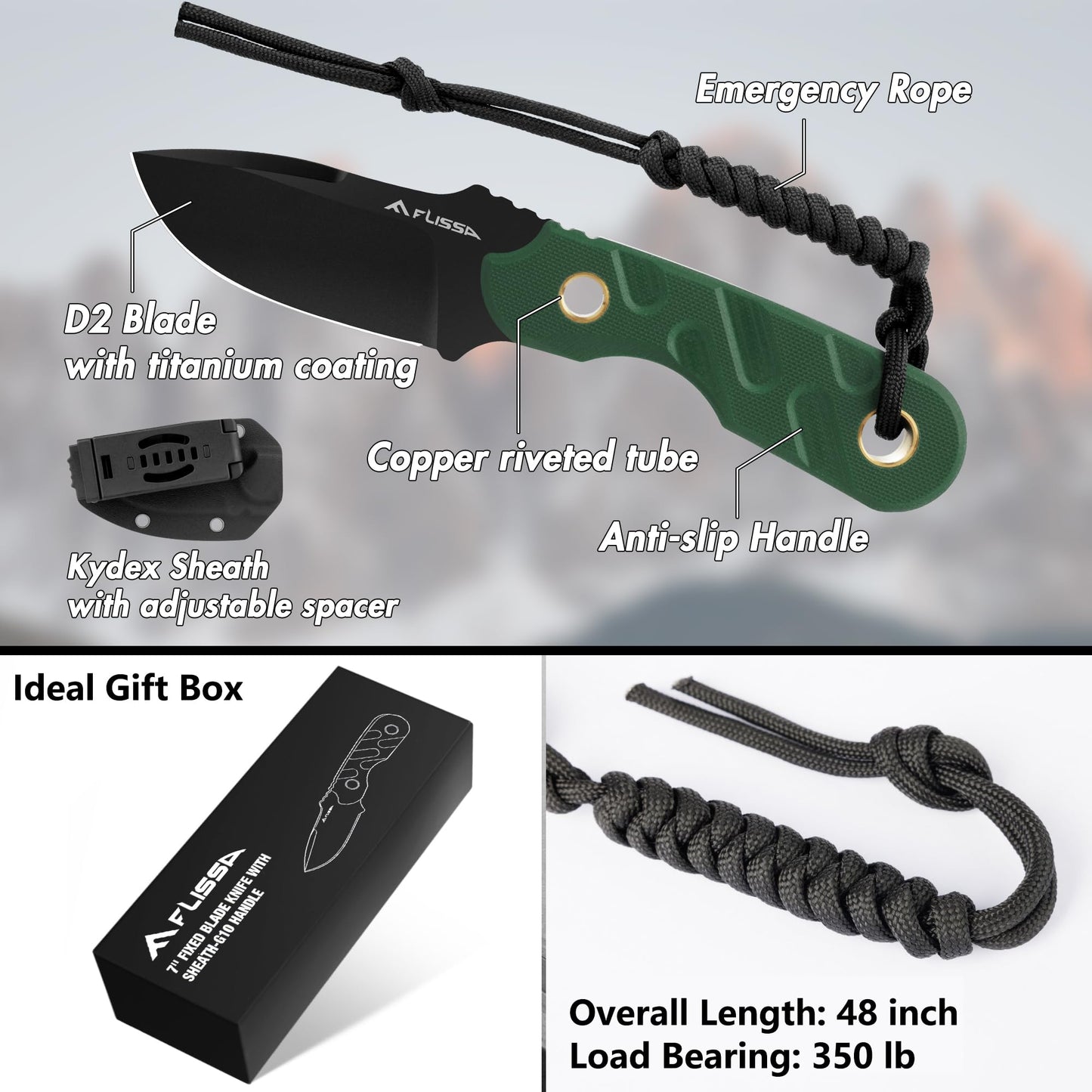 FLISSA Fixed Blade Knife, 7 Inch Full Tang Hunting Knife with G10 Handle, Kydex Sheath and Emergency Rope for Tactical, Survival, Camping, Hiking(Green)