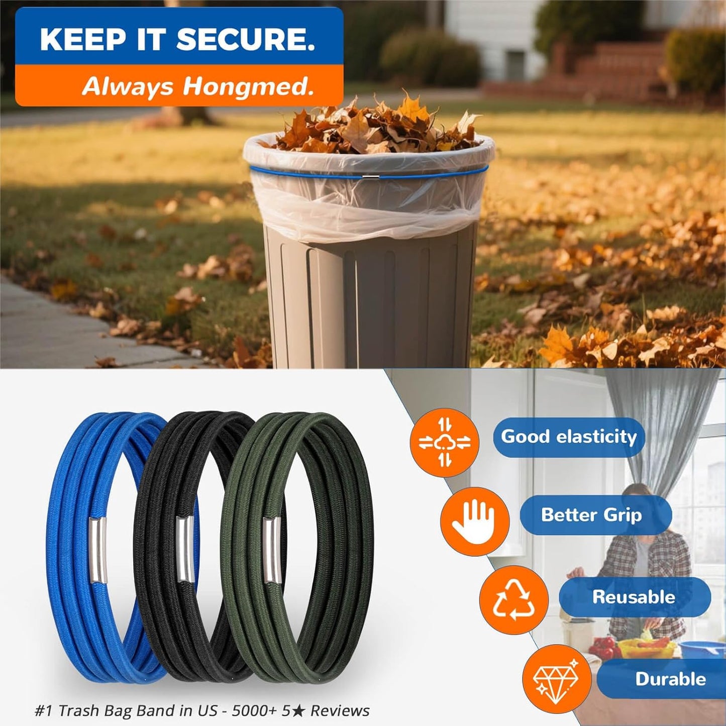 Trash Can Bands Set of 3, Fits 32 to 55 Gallon Cans, Large Elastic Rubber Bands for Kitchen/Office/Garage, Secure Garbage Bags(Black/Blue/Green)