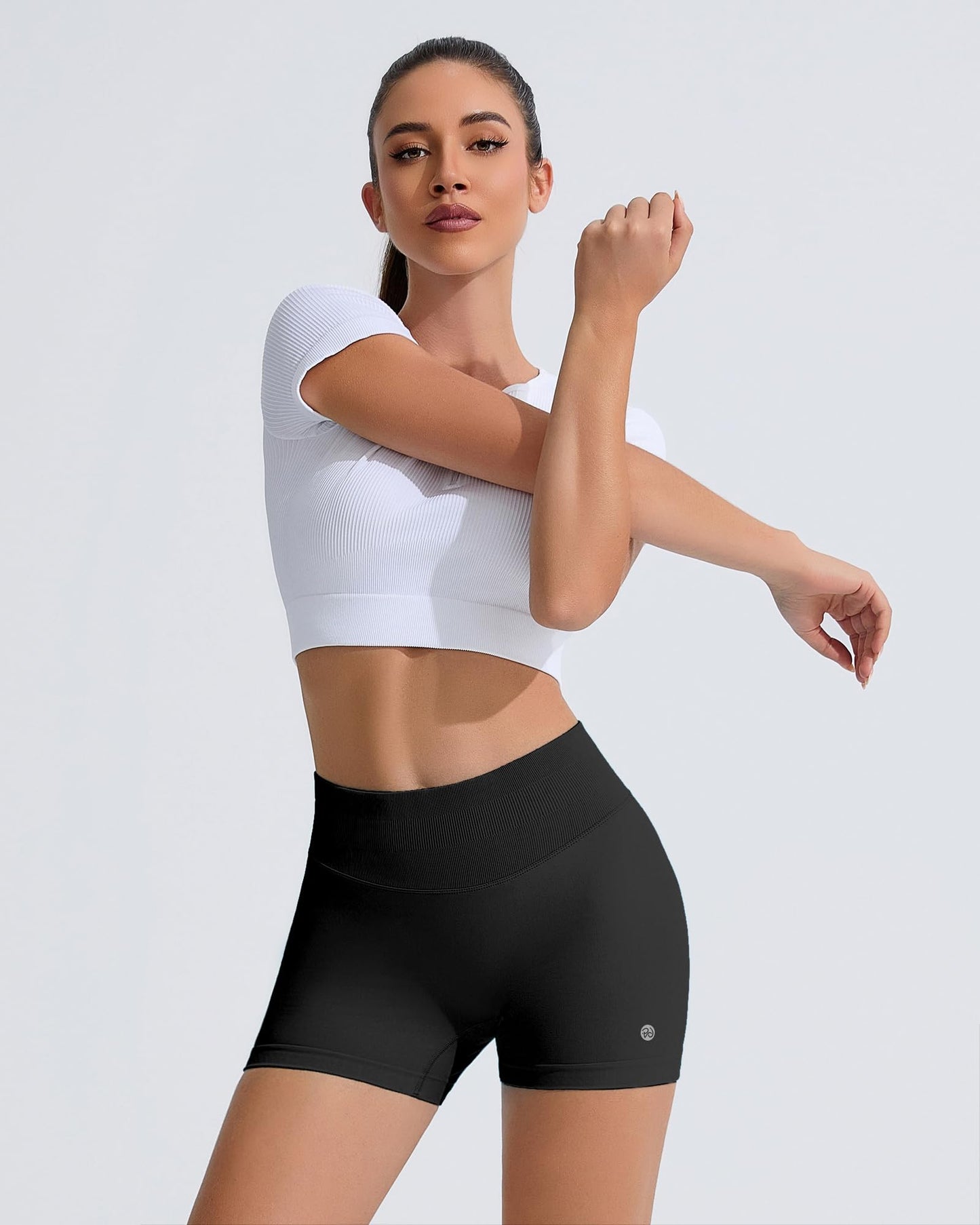 RIOJOY Womens Workout Shorts 4" Seamless High Waisted Scrunch Sports Yoga Fitted Short Tummy Control Running Biker Athletic No Front Seam Pants Soft Lightweight Booty Leggings Black S