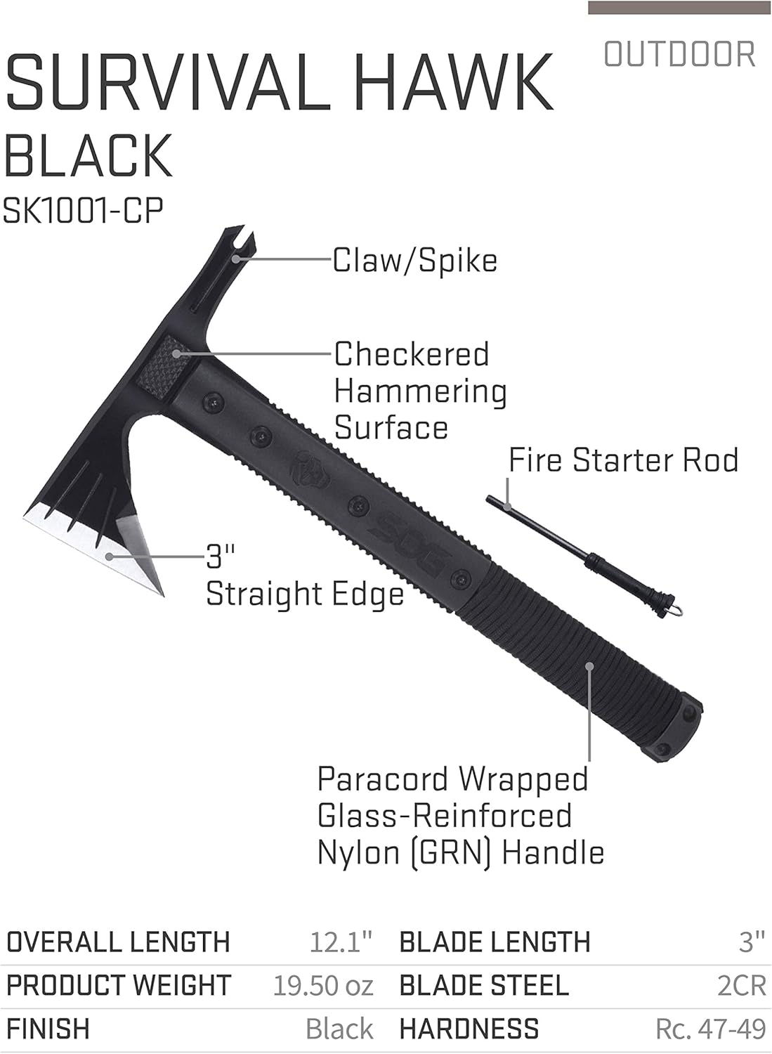Survival Hawk Tactical Hatchet - Multi-Purpose Outdoor Tool with Fire Starter & Paracord Handle (SK1001-CP), Black