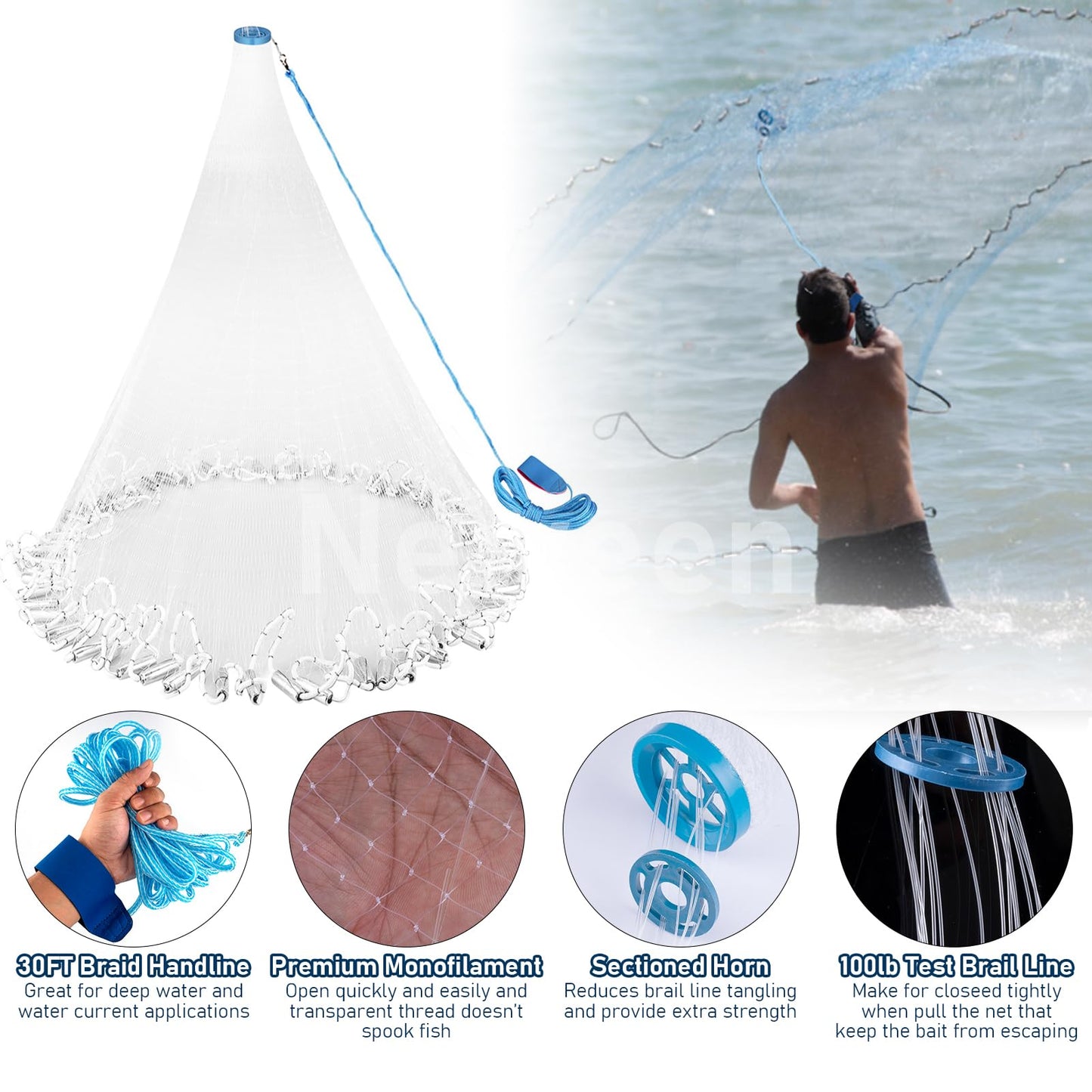 Neween Cast Net for Fishing with Shrimp Cage, American Freshwater Saltwater 3/4/5/6/7/8/9/10Ft Radius Casting Net Bait Trap Fish, Heavy Duty Zinc Sinker, 3/8 Inch Mesh Size