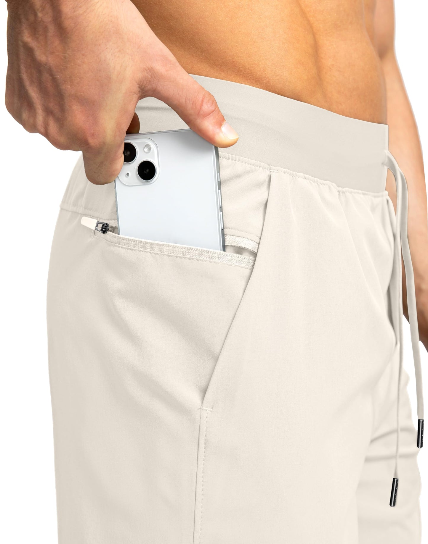 Soothfeel Men's Running Shorts with Zipper Pockets 5 Inch Lightweight Quick Dry Basketball Gym Workout Athletic Shorts for Men (Bone, M)